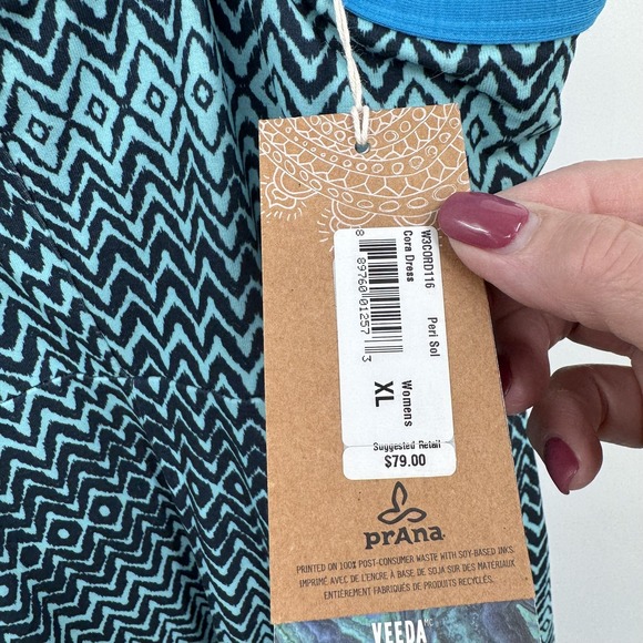 prAna Dress Womens XL Blue Black Geometric Strappy Built in‎ Bra Active Stretch - Picture 4 of 10